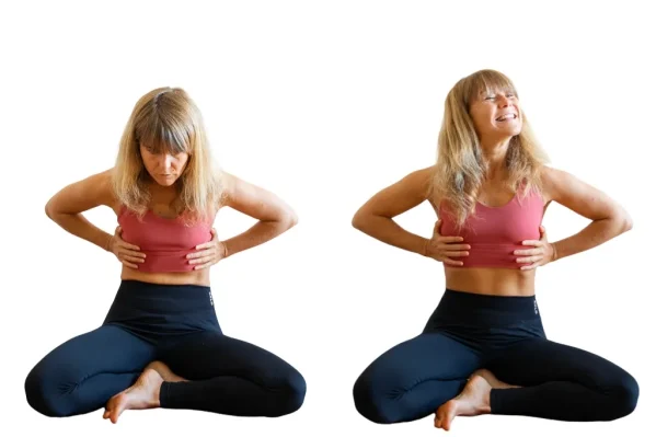 Žena, která je na obrázku dvakrát, a předvádí dechové cvičení.